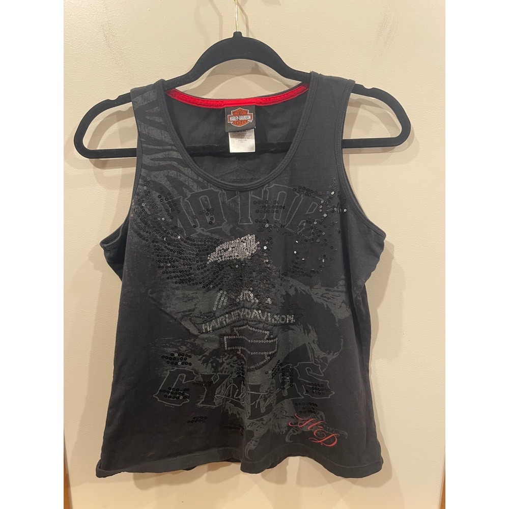 Harley Davidson Frankfurt Germany Tank Top Womens L Black Sequin Eagle - Picture 1 of 8